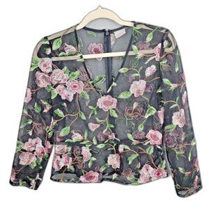 ASOS Peplum Top Black 6 Floral Embroidered Sheer Mesh Coquette V Neck